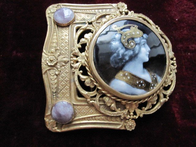 Belt Buckle In Gilt Bronze With Enamel And Amethysts In Historicist Or Symbolist Style-photo-2