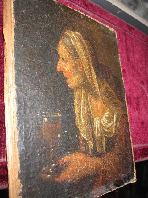 Old Woman With A Glass Of Wine. Small And Mysterious Canvas From The 17th Century.-photo-2