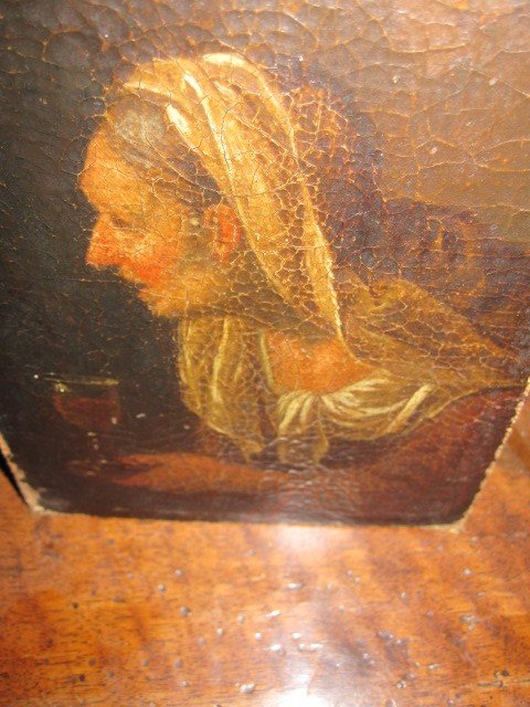 Old Woman With A Glass Of Wine. Small And Mysterious Canvas From The 17th Century.-photo-1