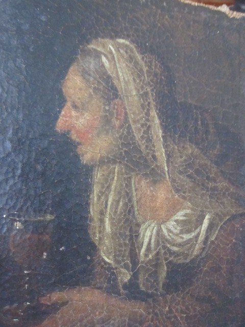 Old Woman With A Glass Of Wine. Small And Mysterious Canvas From The 17th Century.-photo-5