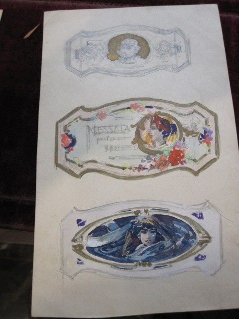 Quatre Dessins à l'Aquarelle. Dessins Pour étiquettes De Parfum. Vers 1900-photo-5
