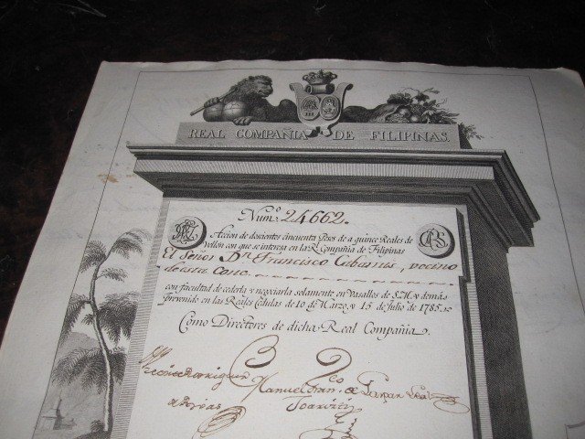 Action Commerciale : Compagnie Royale Des Philippines. 1785. Beau Plaqué Cuivre De Selma-photo-2