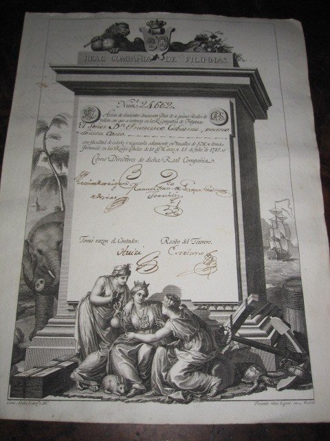 Action Commerciale : Compagnie Royale Des Philippines. 1785. Beau Plaqué Cuivre De Selma-photo-4