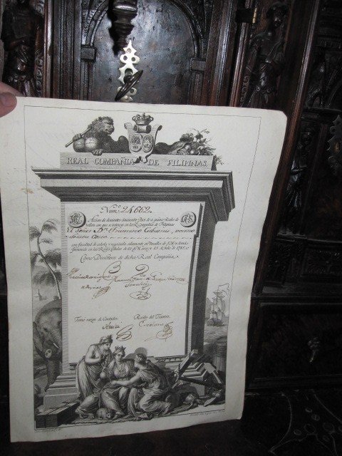 Action Commerciale : Compagnie Royale Des Philippines. 1785. Beau Plaqué Cuivre De Selma-photo-2