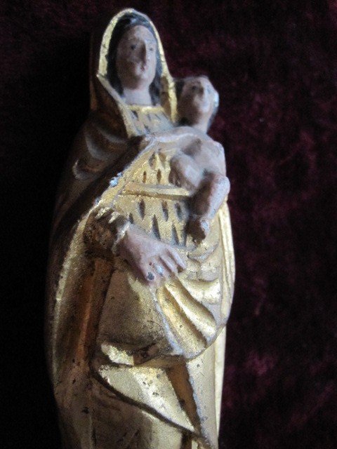 Petite Vierge à l'Enfant En Marbre Ou Albâtre Polychrome. Siècle XVIII-photo-5