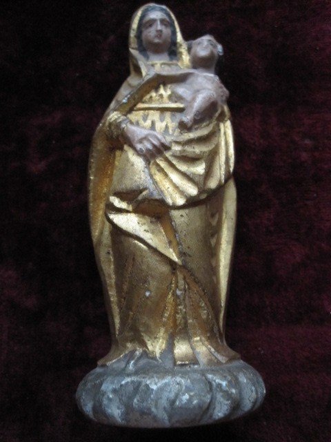 Petite Vierge à l'Enfant En Marbre Ou Albâtre Polychrome. Siècle XVIII