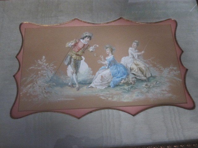 Gallant Scene In 18th Century Style. Watercolor On Paper From The 19th Century-photo-2