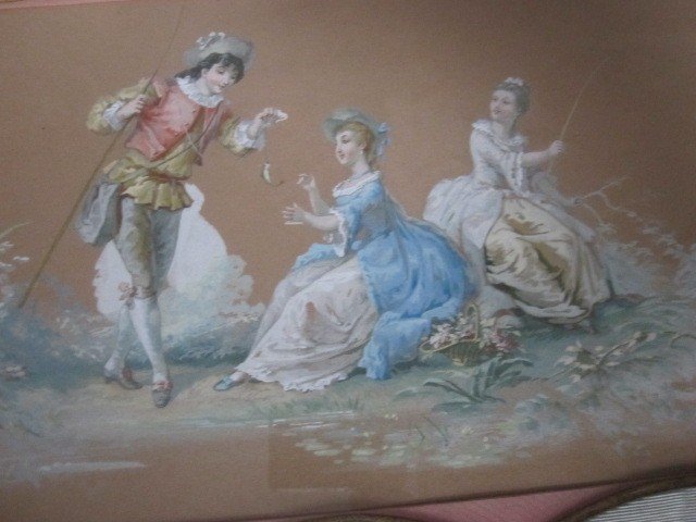 Scène Galante De Style XVIIIe Siècle. Aquarelle Sur Papier Du 19ème Siècle-photo-3