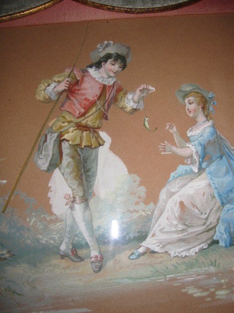 Scène Galante De Style XVIIIe Siècle. Aquarelle Sur Papier Du 19ème Siècle-photo-4