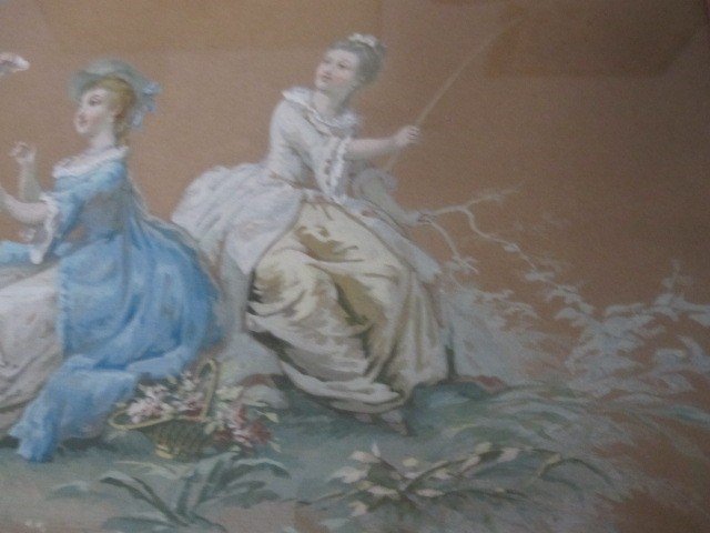 Scène Galante De Style XVIIIe Siècle. Aquarelle Sur Papier Du 19ème Siècle-photo-1