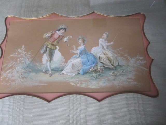 Scène Galante De Style XVIIIe Siècle. Aquarelle Sur Papier Du 19ème Siècle-photo-4