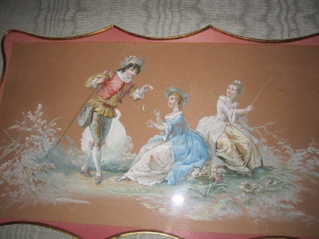Gallant Scene In 18th Century Style. Watercolor On Paper From The 19th Century-photo-5