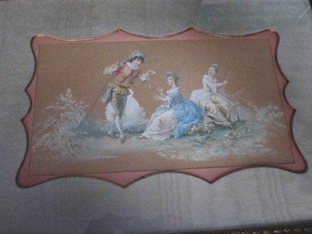 Scène Galante De Style XVIIIe Siècle. Aquarelle Sur Papier Du 19ème Siècle-photo-6