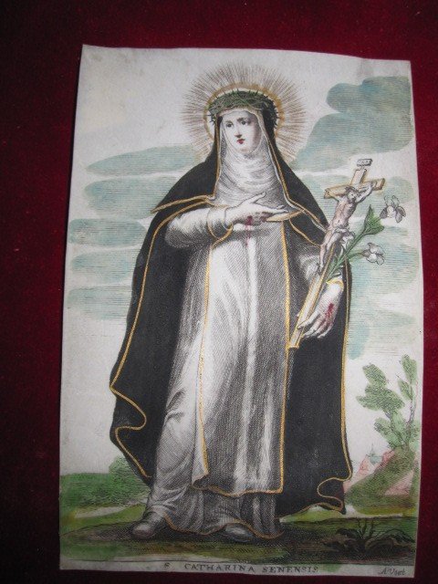 Sainte Thérèse d'Avila Et Sainte Catherine De Sienne. Paire d'Estampes Gravées Sur Parchemin. -photo-3