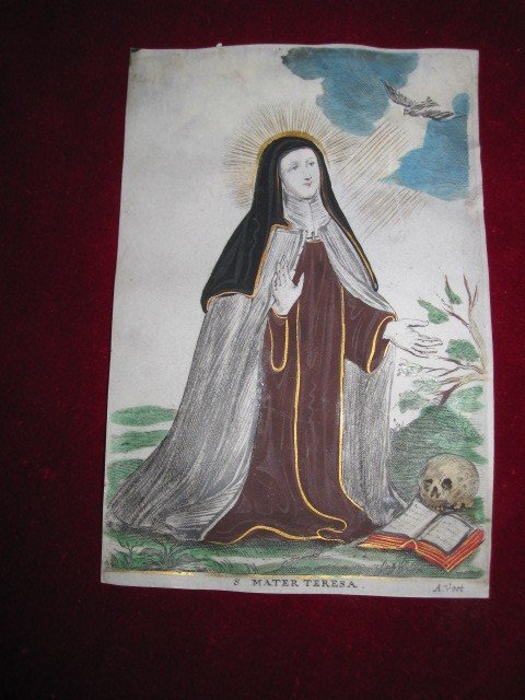 Sainte Thérèse d'Avila Et Sainte Catherine De Sienne. Paire d'Estampes Gravées Sur Parchemin. -photo-2