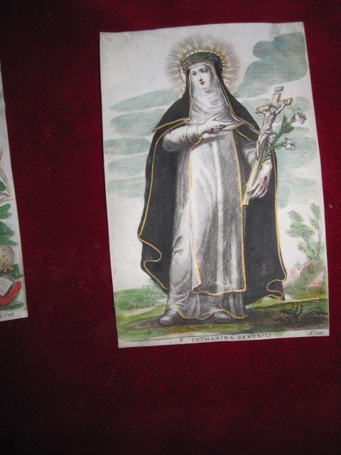 Sainte Thérèse d'Avila Et Sainte Catherine De Sienne. Paire d'Estampes Gravées Sur Parchemin. -photo-7