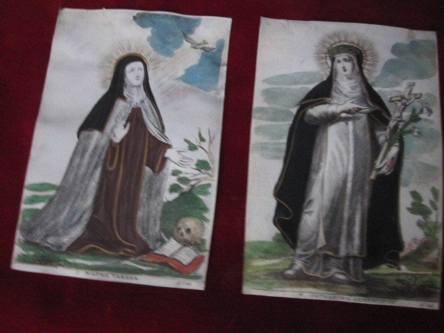 Sainte Thérèse d'Avila Et Sainte Catherine De Sienne. Paire d'Estampes Gravées Sur Parchemin. -photo-8