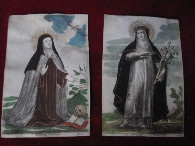 Sainte Thérèse d'Avila Et Sainte Catherine De Sienne. Paire d'Estampes Gravées Sur Parchemin. 
