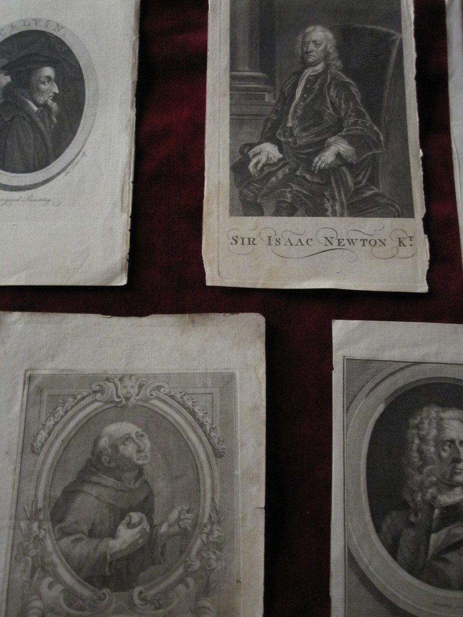 5 Gravures Du S. XVII Et XVIII. Calvin, Newton Et 3 Autres Personnages-photo-4