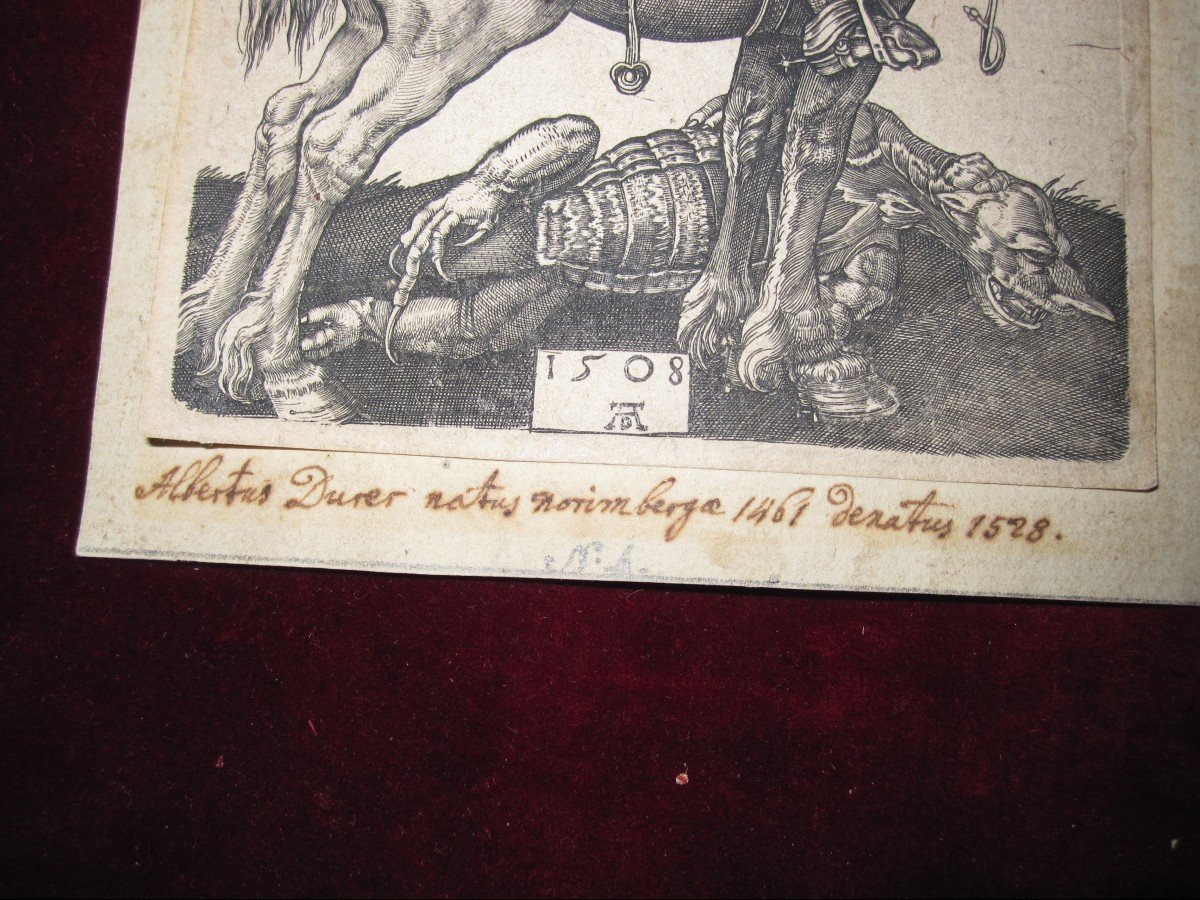 Saint Georges à Cheval Et Le Dragon. Gravure Sur Cuivre Signée Sur Planche Albrecht Dürer-photo-3