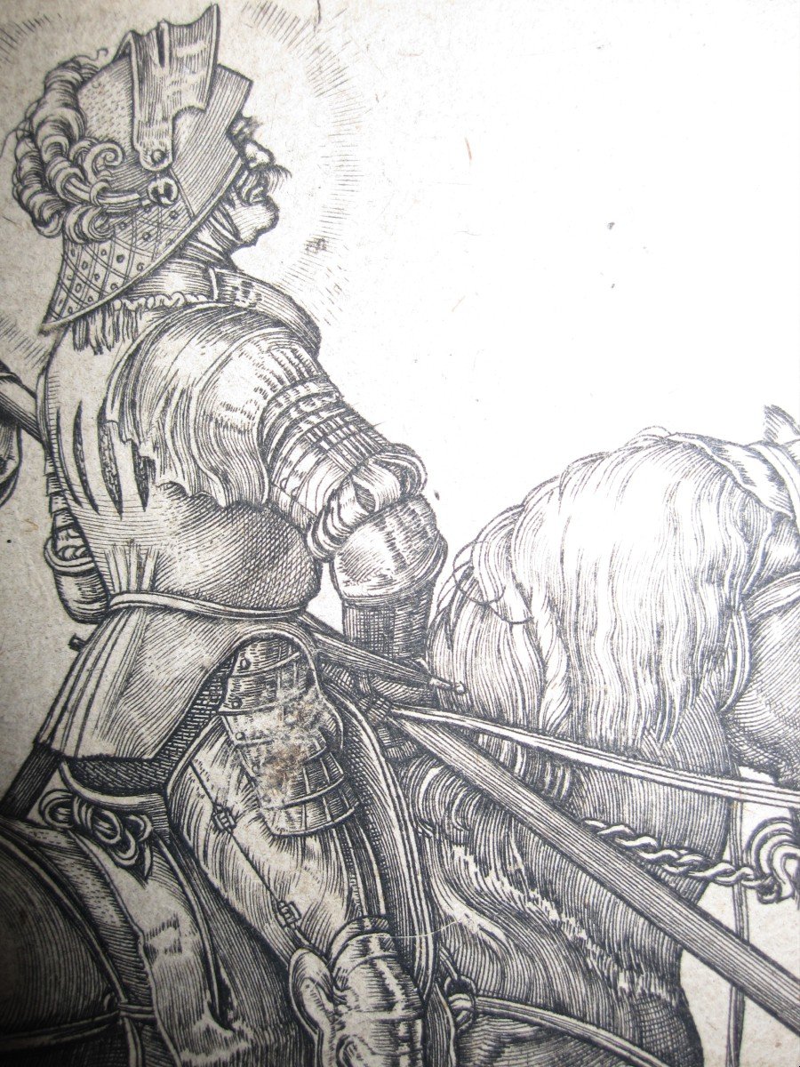 Saint Georges à Cheval Et Le Dragon. Gravure Sur Cuivre Signée Sur Planche Albrecht Dürer-photo-3