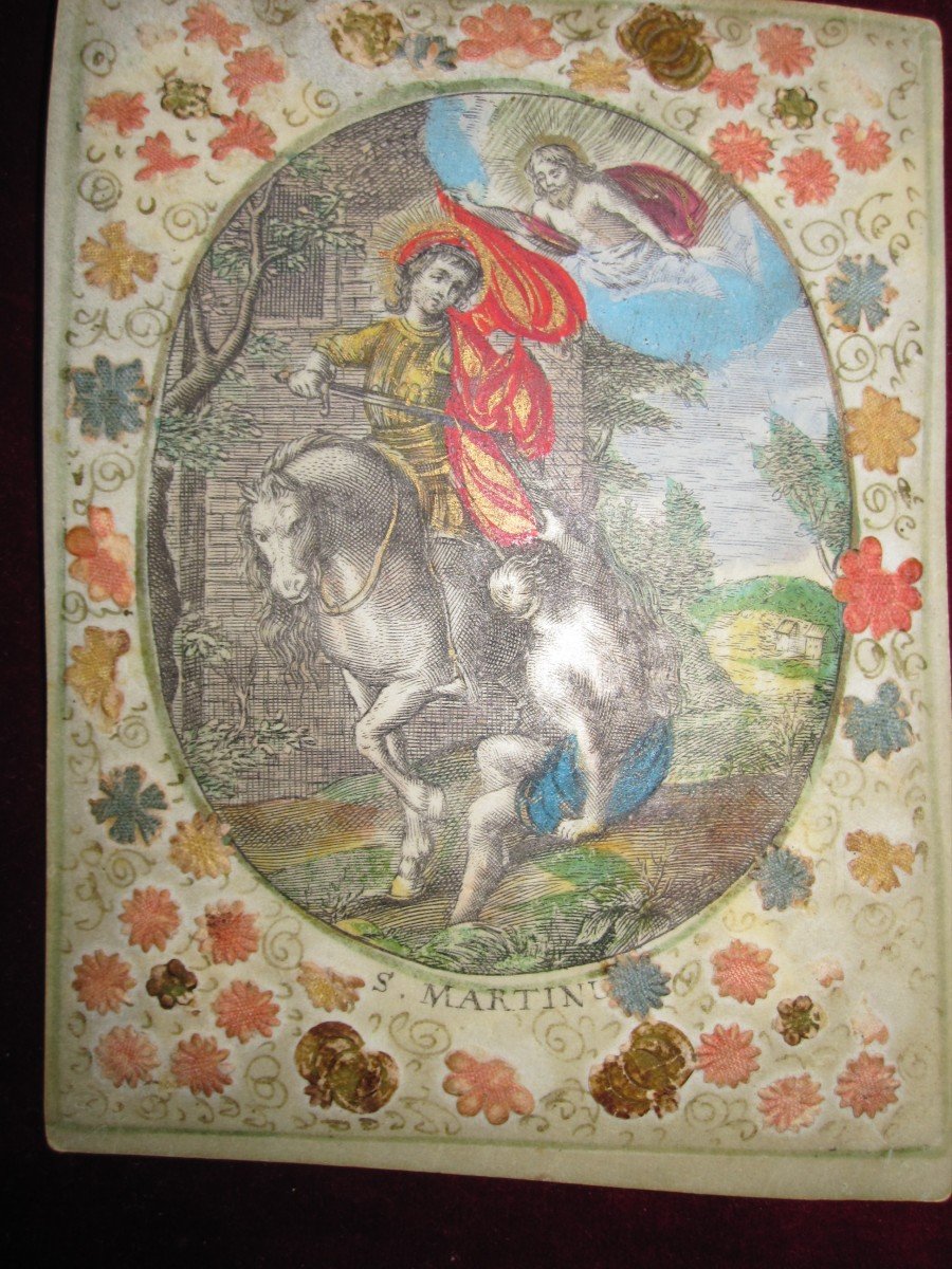 San Martin. Color Engraving On Parchment. Border Decorated With Flowers In Relief. 17th Century-photo-6