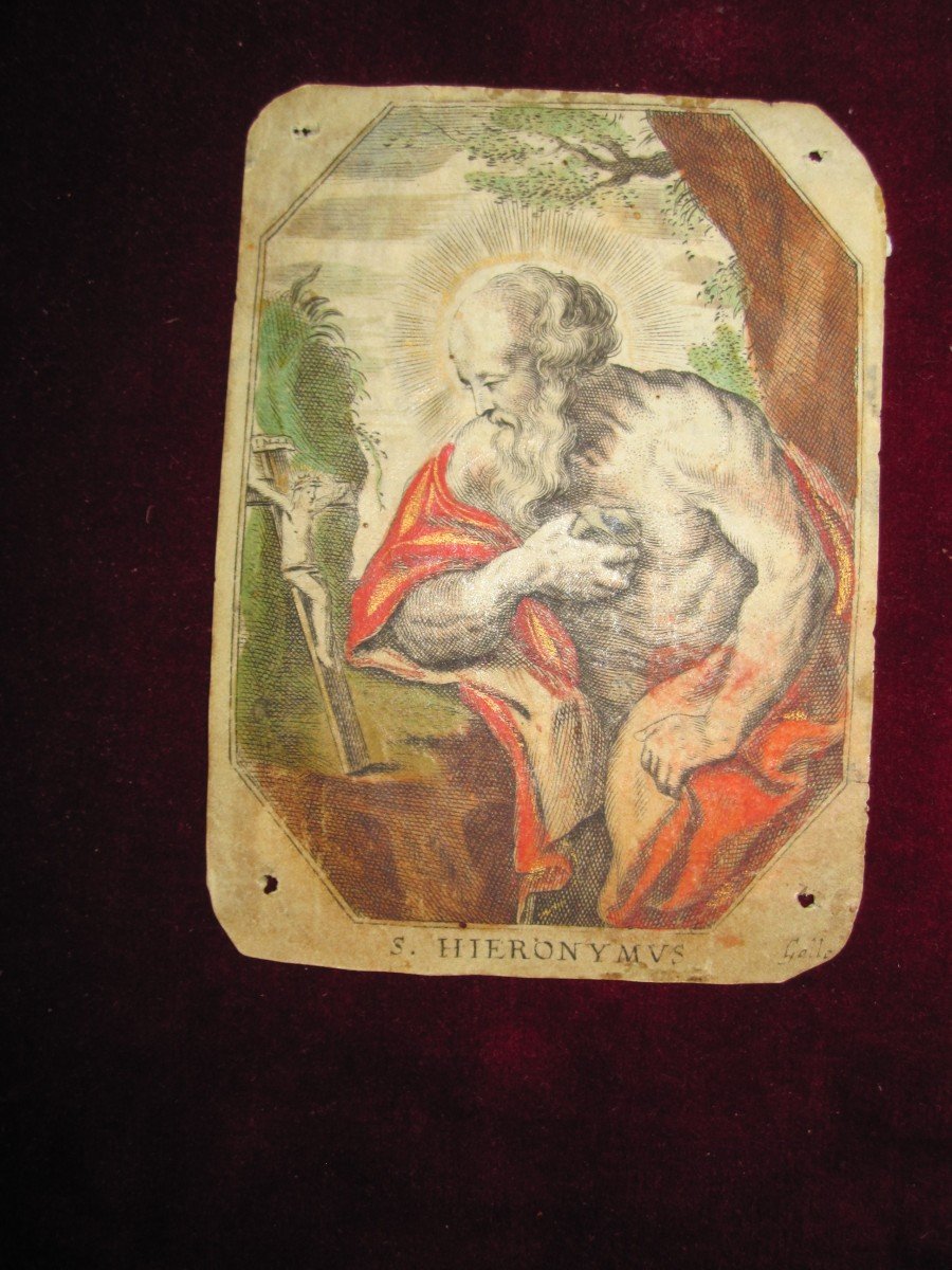 Saint Géronimo. Impression Sur Parchemin Coloré Du XVIIe Siècle-photo-2