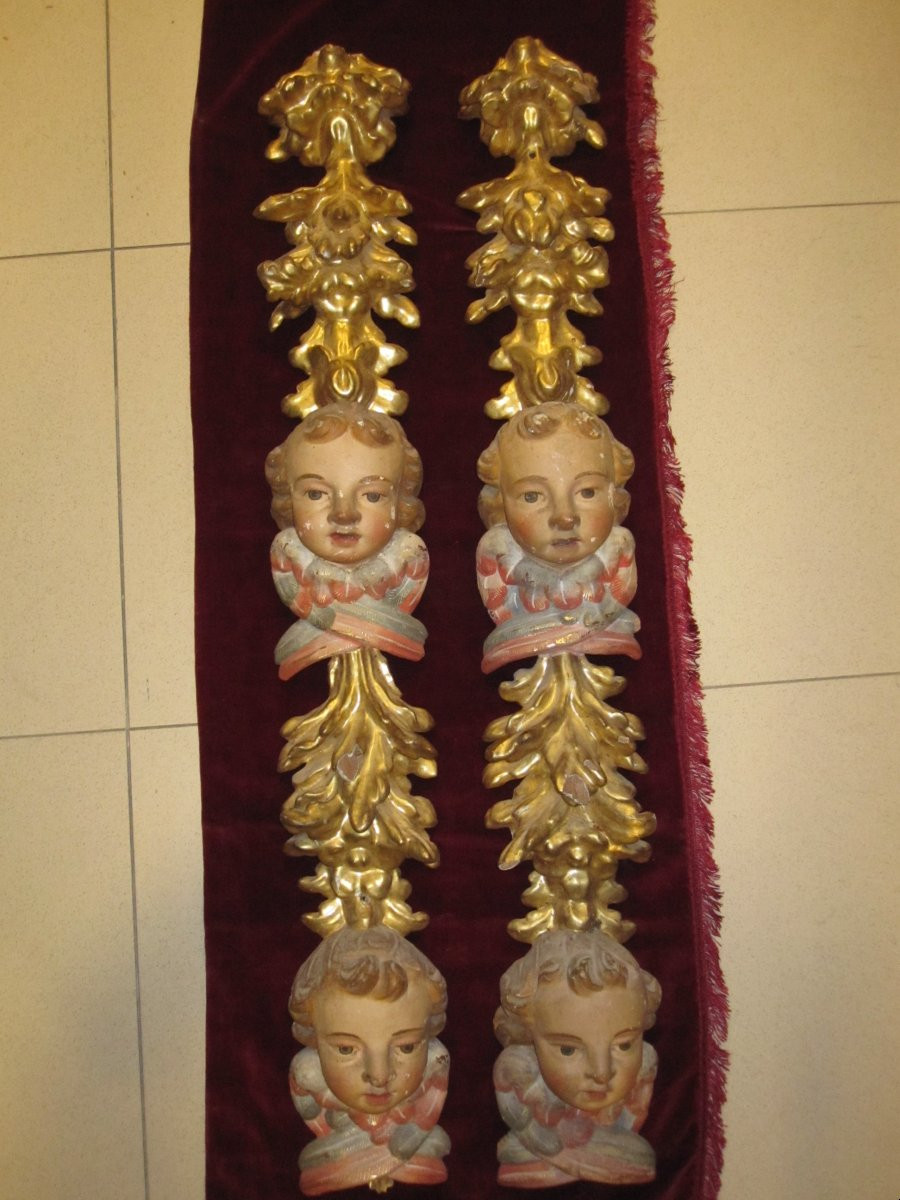 Pair Of Baroque Pilasters In Gilded And Polychrome Wood. Fragments Of A 17th-century Altarpiece.-photo-2