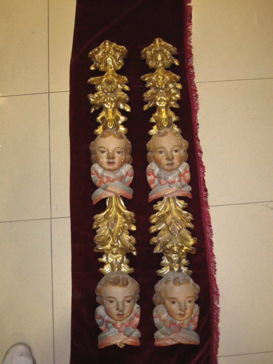 Pair Of Baroque Pilasters In Gilded And Polychrome Wood. Fragments Of A 17th-century Altarpiece.-photo-3
