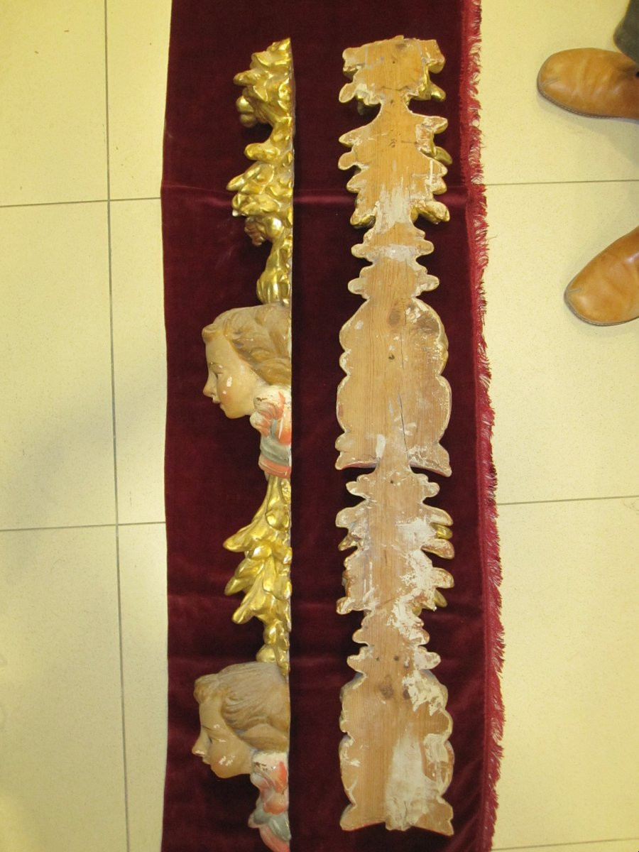 Pair Of Baroque Pilasters In Gilded And Polychrome Wood. Fragments Of A 17th-century Altarpiece.-photo-5