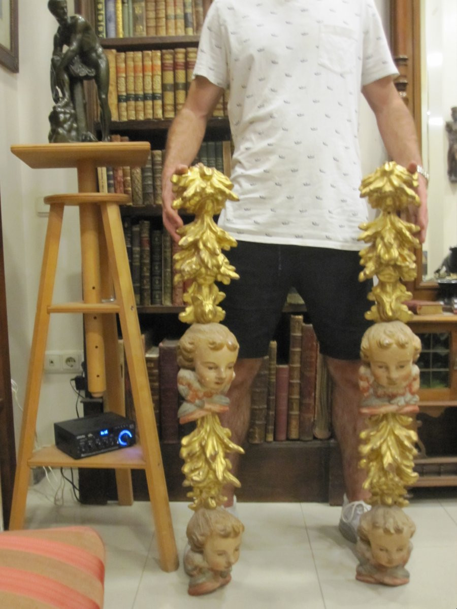 Pair Of Baroque Pilasters In Gilded And Polychrome Wood. Fragments Of A 17th-century Altarpiece.-photo-7