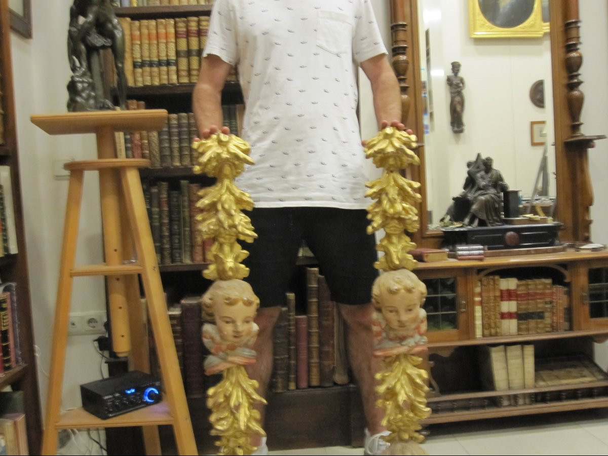 Pair Of Baroque Pilasters In Gilded And Polychrome Wood. Fragments Of A 17th-century Altarpiece.-photo-8