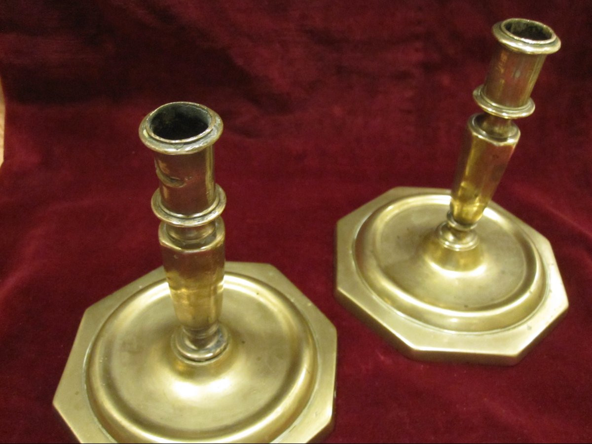 Pair Of 16th Century Bronze Candlesticks With Octagonal Base And Balustraded Body.-photo-1