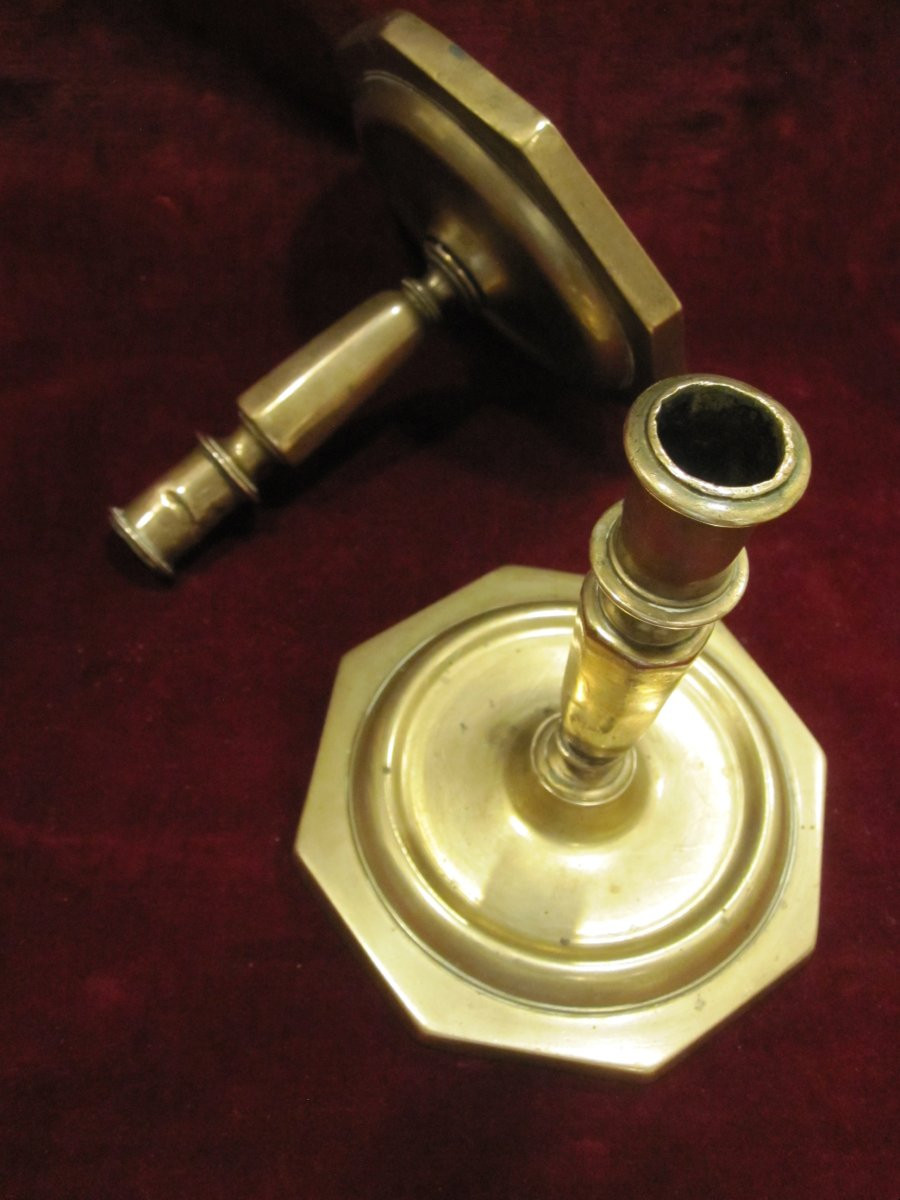 Pair Of 16th Century Bronze Candlesticks With Octagonal Base And Balustraded Body.-photo-3