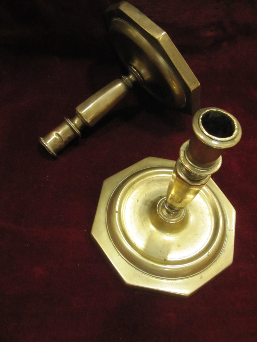 Pair Of 16th Century Bronze Candlesticks With Octagonal Base And Balustraded Body.-photo-4