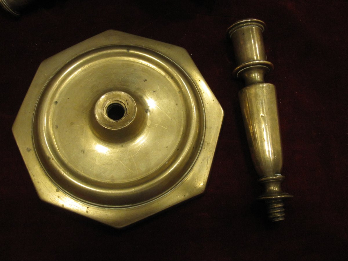 Pair Of 16th Century Bronze Candlesticks With Octagonal Base And Balustraded Body.-photo-5
