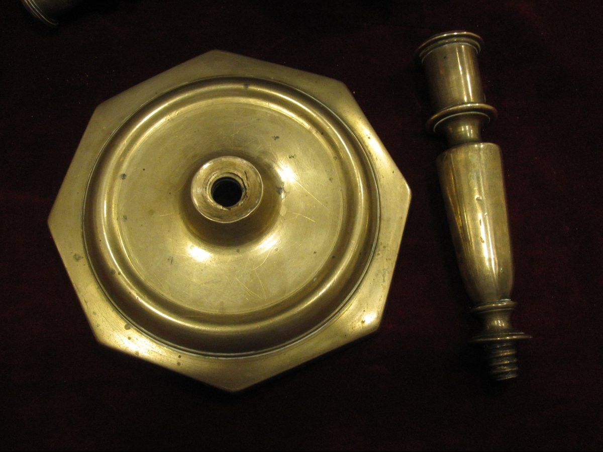 Pair Of 16th Century Bronze Candlesticks With Octagonal Base And Balustraded Body.-photo-6