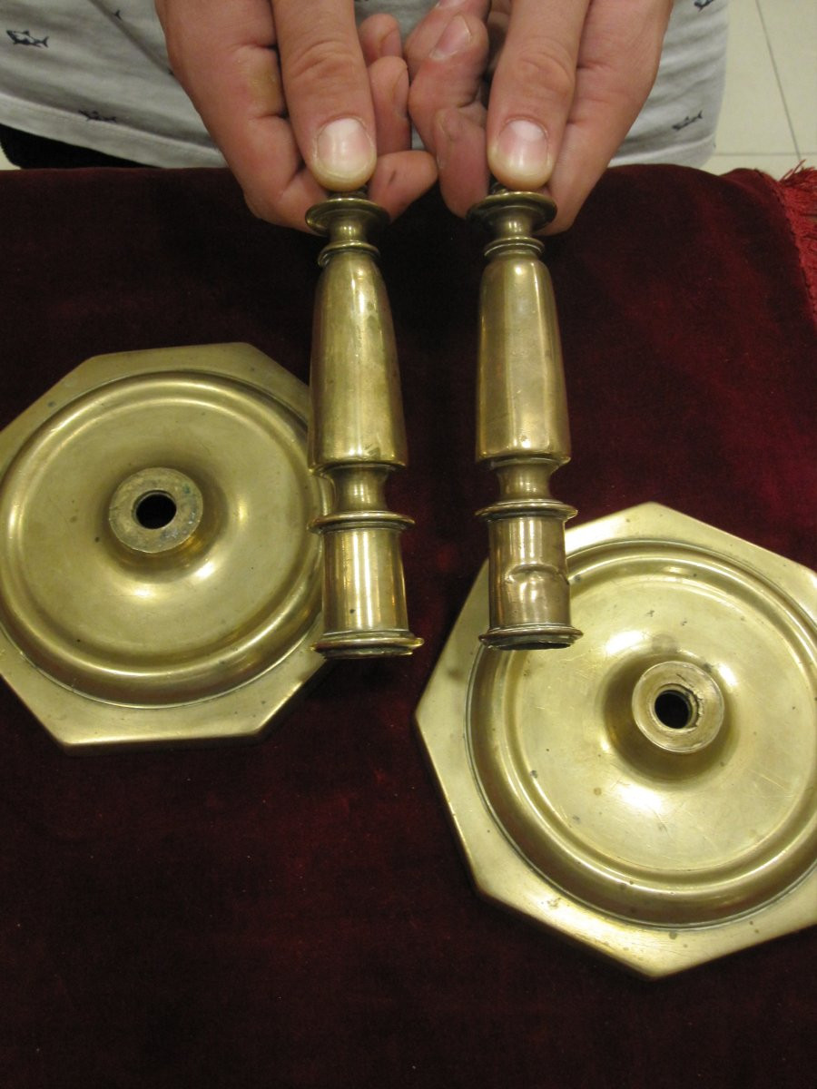 Pair Of 16th Century Bronze Candlesticks With Octagonal Base And Balustraded Body.-photo-8