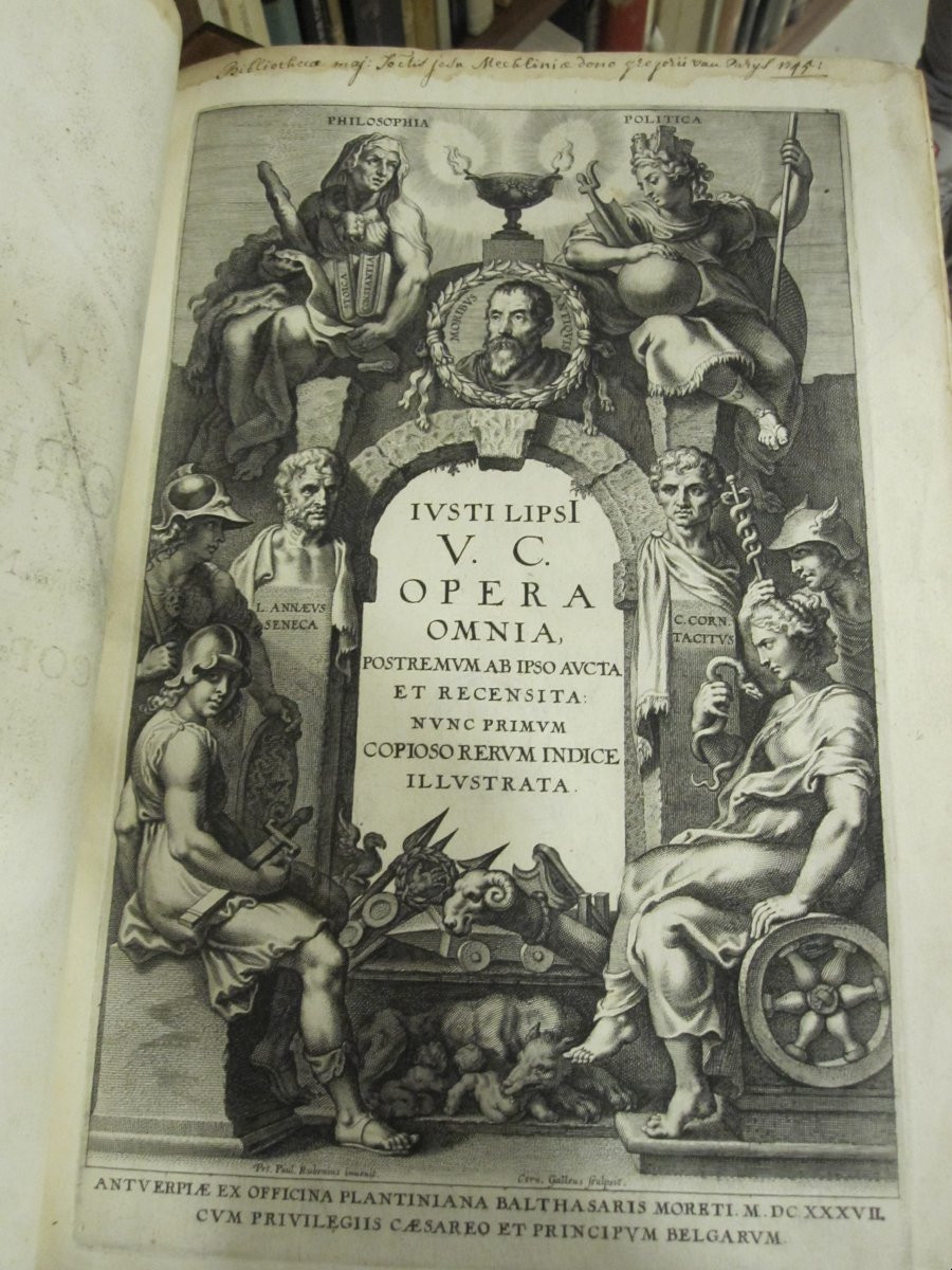 Œuvres complètes du grand humaniste Justus Lipsius. 4 volumes. Reliure avec surlibris héraldiqu-photo-4