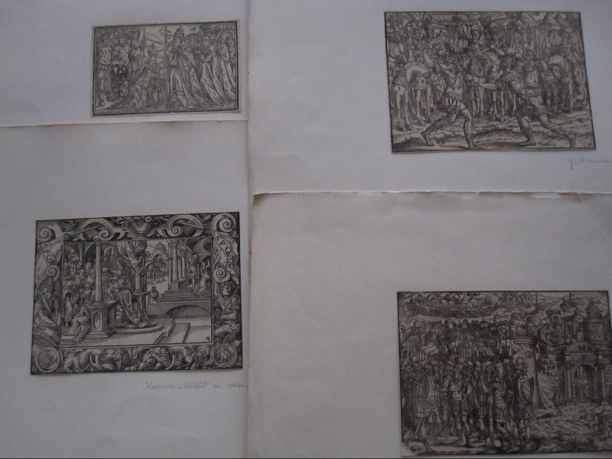 Quatre gravures sur bois du XVIe siècle. Scènes de bataille et autres.-photo-2