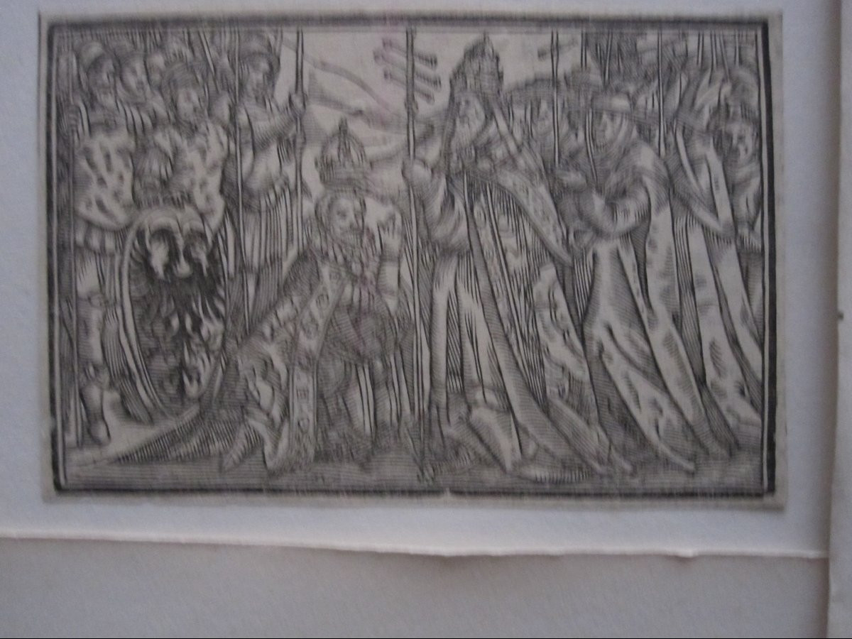 Quatre gravures sur bois du XVIe siècle. Scènes de bataille et autres.-photo-4