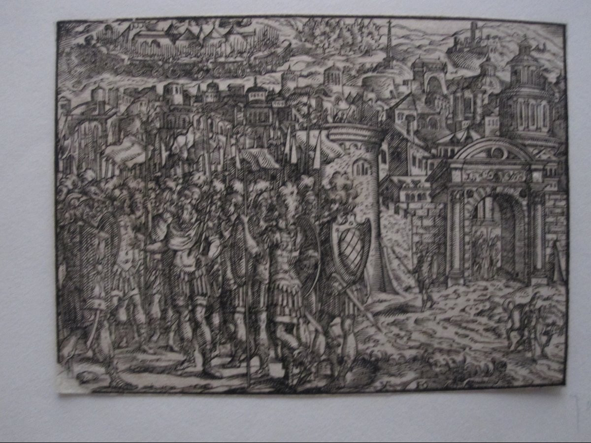 Quatre gravures sur bois du XVIe siècle. Scènes de bataille et autres.-photo-1