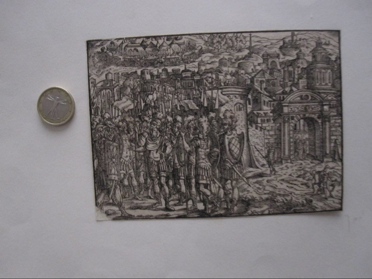 Quatre gravures sur bois du XVIe siècle. Scènes de bataille et autres.-photo-6
