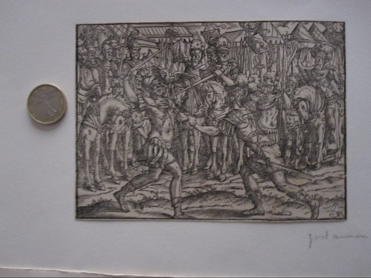 Quatre gravures sur bois du XVIe siècle. Scènes de bataille et autres.-photo-7