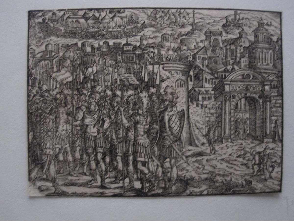 Quatre gravures sur bois du XVIe siècle. Scènes de bataille et autres.