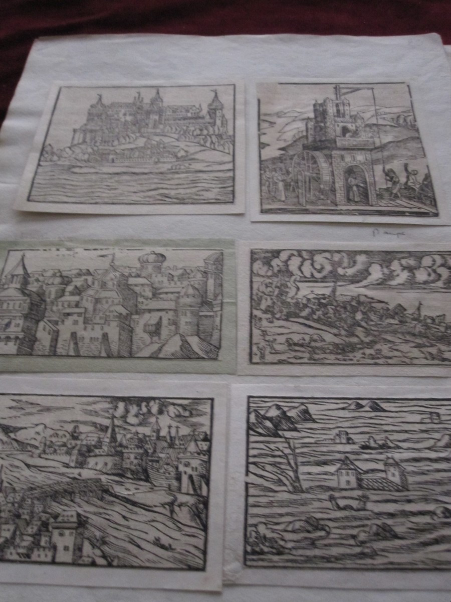 Ten 16th-century Wood Engravings. Views Of Towns, Castles And Countryside.