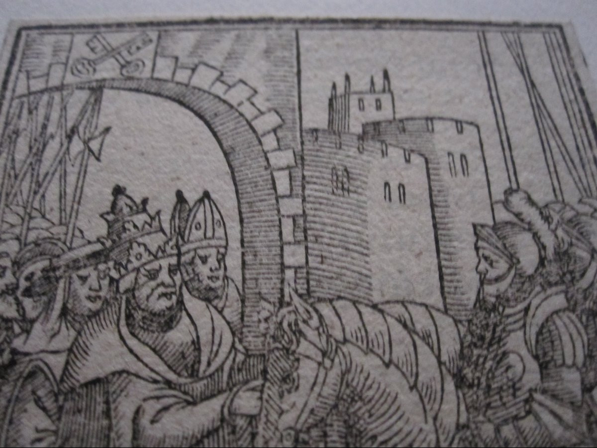 Petite gravure sur bois du XVIe siècle. Un chevalier reçu par le pape aux portes de la ville.-photo-3