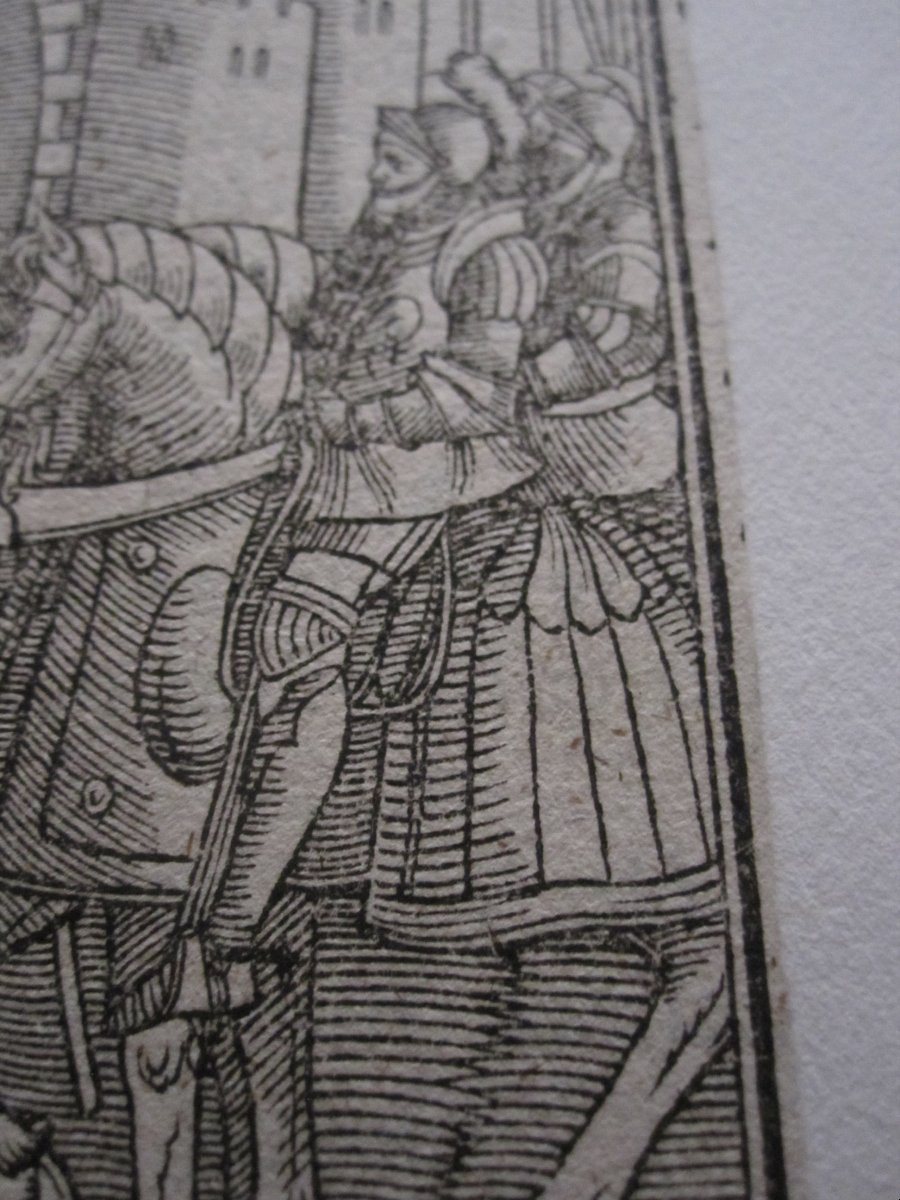 Petite gravure sur bois du XVIe siècle. Un chevalier reçu par le pape aux portes de la ville.-photo-4