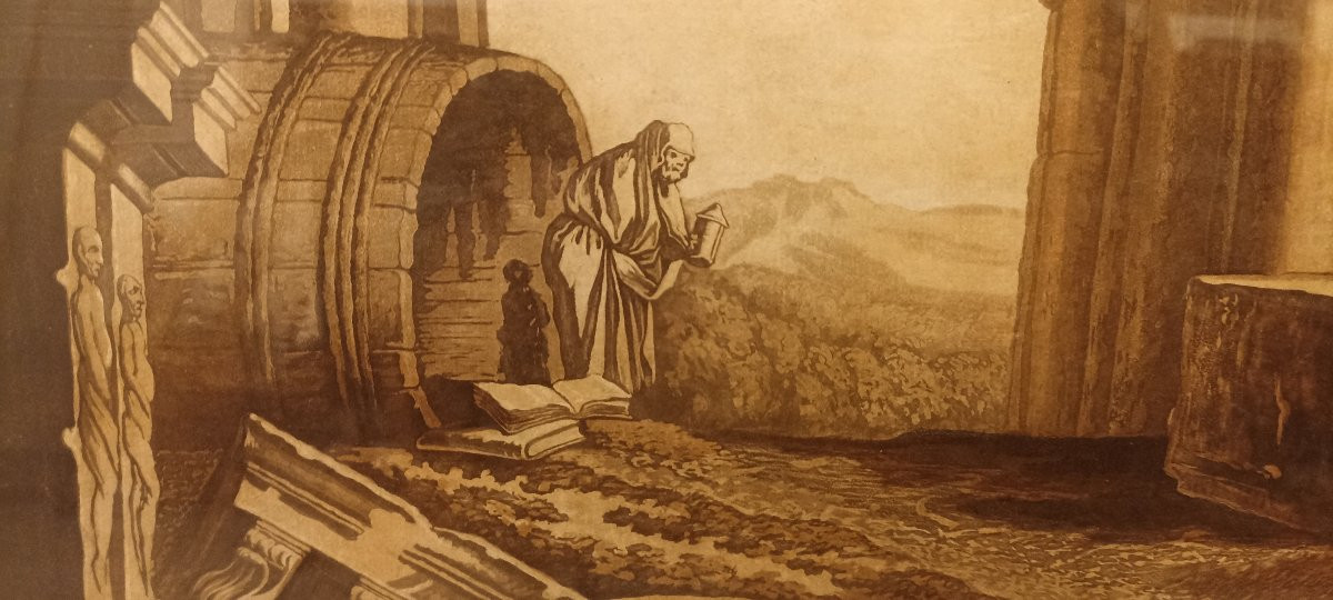 Katharina Prestel. 1747-1794. Large Aquatint Depicting Fantastical Ruins And Diogenes-photo-3