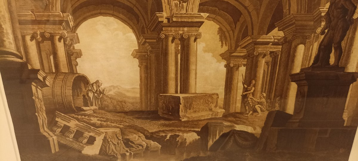 Katharina Prestel. 1747-1794. Large Aquatint Depicting Fantastical Ruins And Diogenes-photo-1